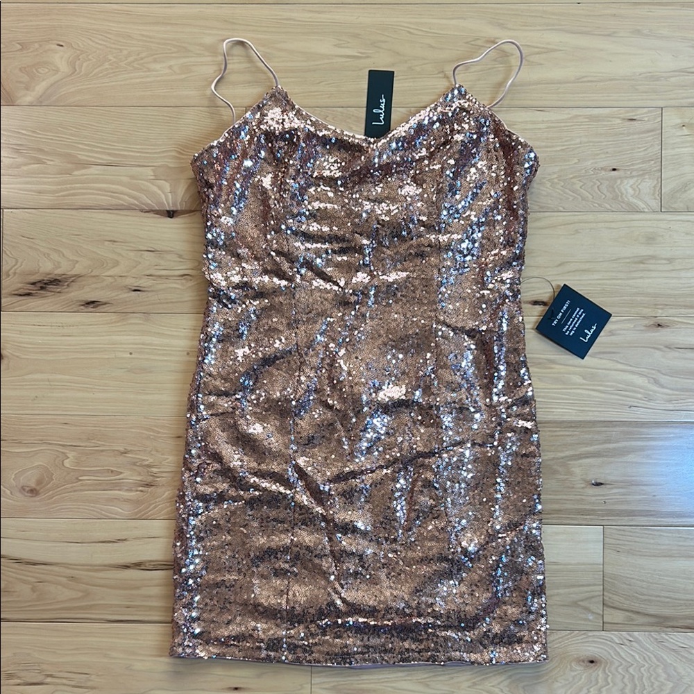 NWT Lulus Shiny Rose Gold Sequins Stretchy Dress | Size XL